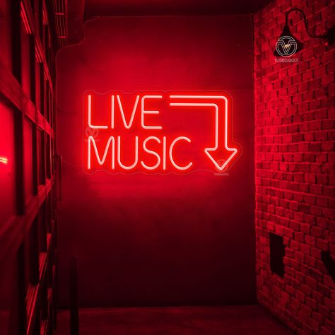 #NeonLightSigns #BrightIdeas #NeonSigns #BrightIdeas Rock And Roll Restaurant Design, Music Room Lights, Neon Lights Room Decor, Music Jam Room, Live Music Neon Sign, Music Room Lighting, Music Studio Lounge, Eclectic Music Room, Rock And Roll Home Decor