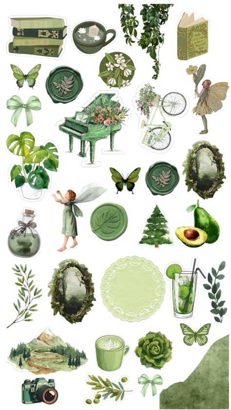 Journaling Materials Printable, Green Vintage Stickers Printable, Sage Green Stickers Aesthetic Printable, Scrapbook Stickers Printable Vintage Aesthetic Green, Journal Green Aesthetic, Green Scrapbook Printables, Green Design For Scrapbook, Green Scrapbook Stickers, Green Stickers Printable