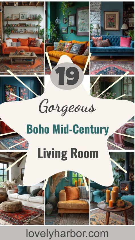 19 Gorgeous Boho Mid-Century Modern Living Room Mountain Modern Living Room Decor, Bright Bohemian Living Room, Luxe Boho Living Room, Simple Bohemian Living Room, Fun Eclectic Living Room, Art Deco Boho Living Room, Bohemian Home Interior, Boho Sofa Ideas, 1970s Inspired Living Room