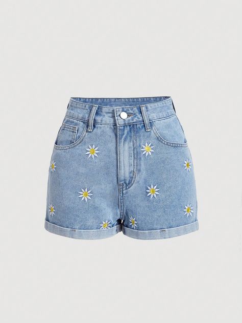 Light Wash Casual Collar  Denim Floral,Plants Bermuda Embellished Non-Stretch  Women Clothing Women Denim Shorts, Daisy Embroidery, Casual Denim Shorts, Shorts Casual, Shorts Jeans, Denim Shorts Women, Rolled Hem, Short En Jean, Casual Denim