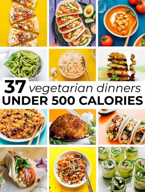 Check out this list of 37 Vegetarian Dinners Under 500 Calories for quick and easy recipe options sure to satisfy hunger. This list of low-cal recipes includes something for every craving! Grams of fat are included as well. Low Calorie Recipes Pescatarian, Healthy Dinner Vegetarian, Recipes Pescatarian, Low Calorie Vegetarian Recipes, Dinners Under 500 Calories, Meals Under 500 Calories, 500 Calorie Meals, Vegetarian Recipes Videos, Easy Recipies