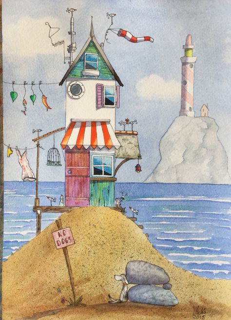 eBay watercolour beach huts Watercolour Buildings, Fine Pictures, Cartoon Houses, Beach Huts, Beach Watercolor, Hur Man Målar, 수채화 그림, Picture Postcards, Nature Drawing