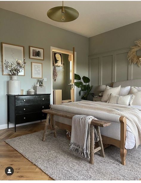 Find tranquility in this Simple Sage Green Bedroom Inspiration. The sleek minimalist design paired with soft sage green walls creates a serene atmosphere perfect for a peaceful night's rest. The neutral color palette is complimented with warm wood tones and natural textures adding depth and warmth to the space. From sage green bedding to wall art, this board brings sage green bedroom ideas to life. #sagegreenbedroom #bedroominspiration #minimalistdecor #tranquility #naturaltextures Sage Green Bedroom Ideas, Green Bedroom Ideas, Sage Green Bedroom, Green Bedroom, Decor Ideas Bedroom, Ideas Home, Decor Living, Decor Bedroom, Sage Green