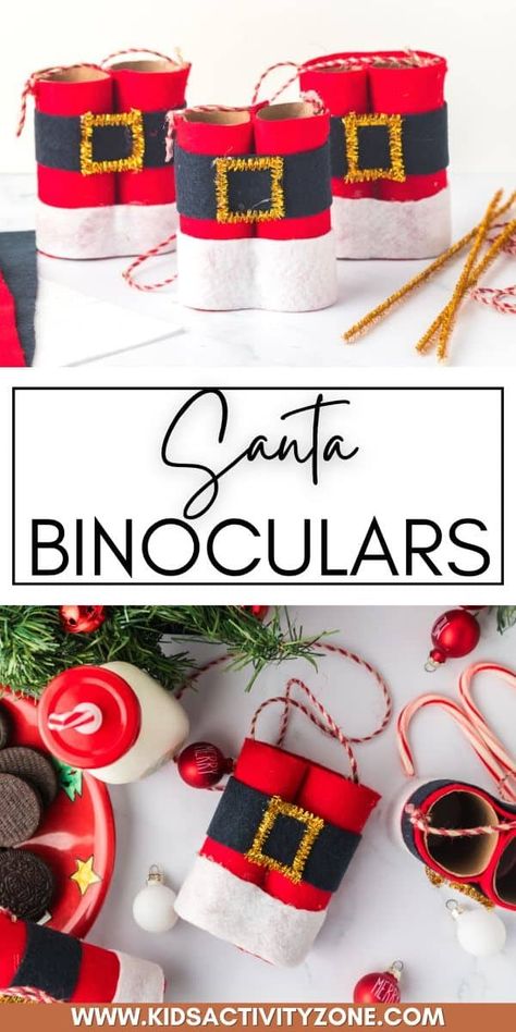 These Santa Binoculars are the perfect craft to get the little ones excited for Christmas.  With these binoculars, you can keep an eye on Santa and his reindeer as they make their way through the night sky. This Christmas craft is easy to assemble with only a few craft supplies needed. Cardboard Tube Crafts Christmas, Santa Binoculars Toilet Paper Rolls, Christmas Crafts With Toilet Paper Rolls, Santa Binoculars, Binocular Craft, Santa Craft, Kindergarten Christmas, Excited For Christmas, Binoculars For Kids