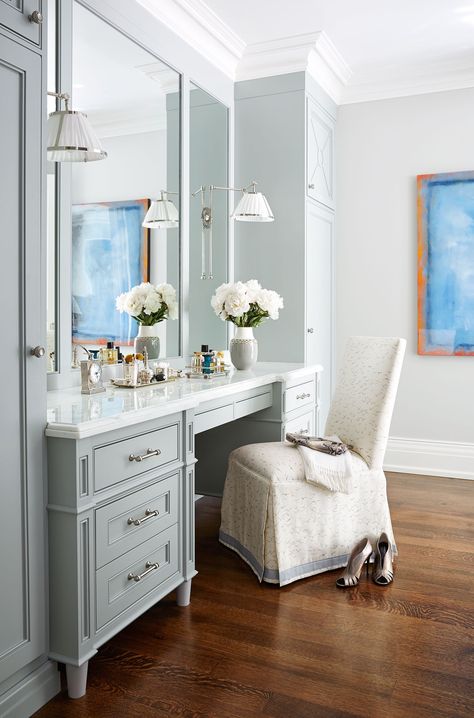 The master bedroom’s graceful dressing area is painted in Sherwin Williams’s Repose Gray. Ikea Raskog, Design Hall, Closet Vanity, Desain Pantry, Bedroom Vanity, Subway Tiles, غرفة ملابس, Dressing Room Design, Simple Bedroom