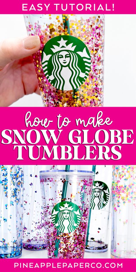 How to Make a DIY Snow Globe Tumbler. Use a Starbucks tumbler to make your own Snow Globe tumbler with floating glitter! Get the step by step tutorial at Pineapple Paper Co. #snowglobetumbler #diytumbler #starbuckstumbler How To Design Tumbler Cups, Snow Globe Tumbler Tutorial, Starbucks Cricut Ideas, How To Make Snow Globe Tumblers, Snow Globe Tumbler Diy, Christmas Snow Globe Tumbler, Snow Globe Tumbler Ideas, Diy Glitter Tumbler, Heirloom Crafts