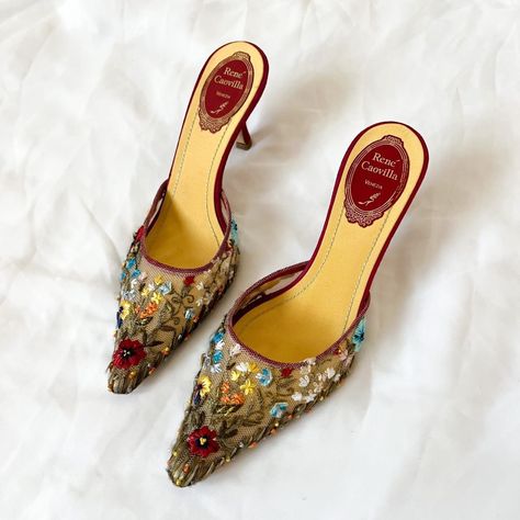 Floral Kitten Heels, Vintage Manolo Blahnik Shoes, Designer Kitten Heels, Vintage Designer Heels, Fairy Lingerie, Vintage Kitten Heels, Fairy Heels, Manolo Blahnik Kitten Heels, Kitten Heels Outfit