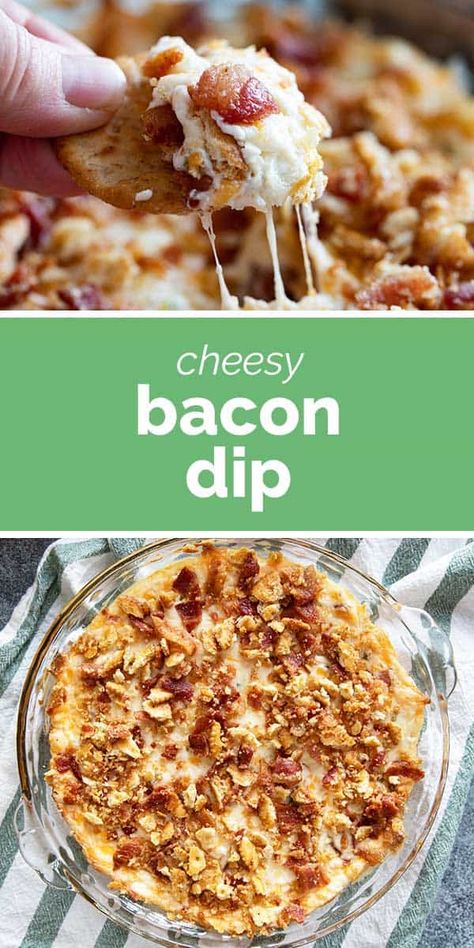 The perfect dip for parties or game day, this Cheesy Bacon Dip is filled with 3 kinds of cheese and bacon both in the dip and on top. Dip For Parties, Cheesy Bacon Dip, Bacon Cracker, Cracker Toppings, Bacon Dip, Football Party Food, Kinds Of Cheese, Tailgating Recipes, Cheesy Bacon