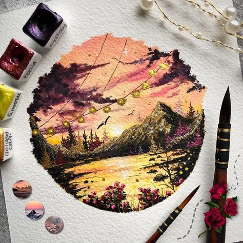 Aesthetic Watercolor Art, Shimmer Watercolor, Metallic Watercolors, Golden Day, Watercolour Landscape, Golden Days, Arches Paper, Golden Rose, Watercolor Rose