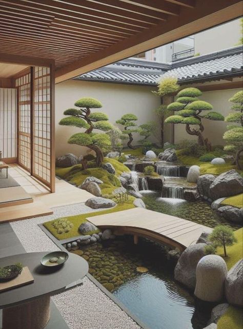 Zen Garden Backyard, Small Japanese Garden, Japanese Garden Landscape, Zen House, Japanese Home Design, Garden Pond Design, Zen Garden Design, Japanese Style House, Japanese Zen Garden