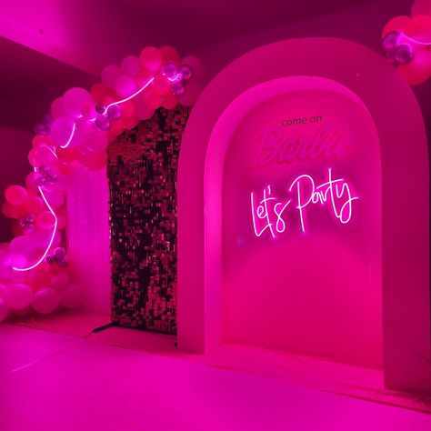 Pink Neon Birthday Party, Neon Party Sign, Neon Pink Party Decorations, Hot Pink Birthday Party Decorations, Hot Pink Party Decor, Barbie Prom Theme, Hot Pink Party Ideas, Hot Pink Party Aesthetic, Neon Pink Birthday Party