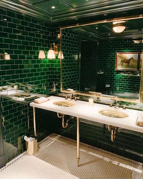 Beautiful Restaurant Bathrooms, Restaurant Bathrooms, Alison Victoria, Polo Bar, Paloma Contreras, Green Tile Bathroom, Restaurant Bathroom, Green Tiles, French Country Bathroom