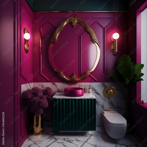 Download Colorful dark bathroom trendy 2023 year interior. Viva magenta color accent bright modern wall paint. Luxury premium rich style master small bathroom or beauty salon. Large vertical mirror. 3d render Stock Illustration and explore similar illustrations at Adobe Stock. Small Luxury Bathroom Decor, Dark And Moody Guest Bathroom, Make Up Bathroom Decor, Ladies Bathroom Decor Ideas, Beautiful Bathroom Colors, Magenta Bathroom Ideas, Fuschia Bathroom, Magenta Interior, Dark Purple Powder Room