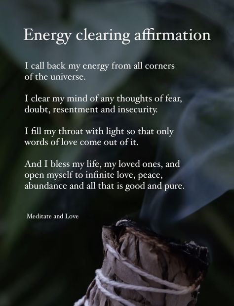 Empath Protection Affirmation, Cleansing Mantras, Sage Cleansing Prayer, Sage Cleanse, Energy Healing Quotes, Smudging Prayer, Spirituality Affirmations, Spiritual Psychology, Healing Mantras