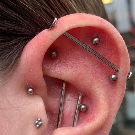 Infinite Body Piercing on Instagram: "Behold, a very cool ear project pierced by @precision.perforations ✨ Pixie pierced this client’s double vertical industrial piercings, tragus, conch, forward helix, faux rook, high and mid helix, and lobe orbital using all implant grade titanium jewelry." Orbital Industrial Piercing, Vertical Industrial Piercing, Lobe Orbital, Piercing Curation, Vertical Industrial, Double Conch, Ear Project, Piercings Tragus, Industrial Piercings