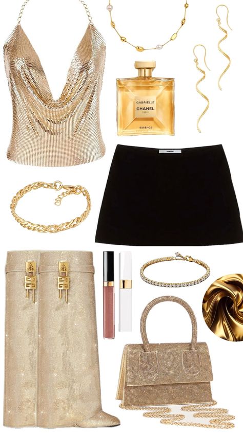 Gold Party Outfit Inspo💋✨️ Gold Glitter Top Outfit, Gold Chain Top Outfit, 21st B Day Outfit, Gold And Black Party Outfit, Going To A Birthday Party Outfit, New Years Outfits Sparkly, New Years Fit Ideas, Black And Gold New Years Outfit, Sparkly Nye Outfit