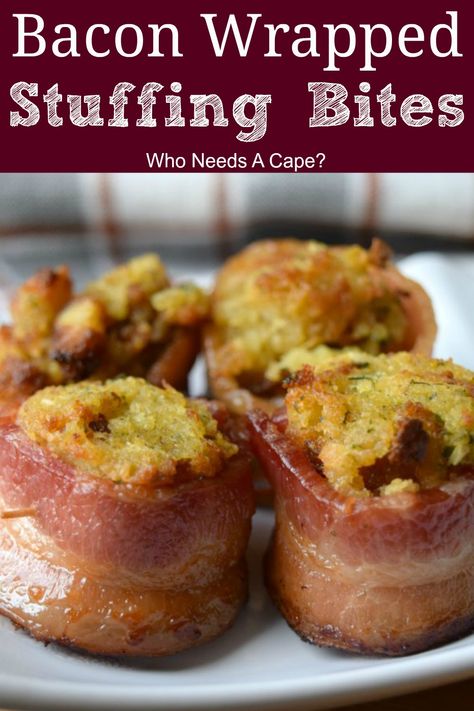 Bacon Wrapped Stuffing Bites are a wonderful holiday appetizer! Use up leftover stuffing and wrap thick flavorful bacon around for the perfect treat. #holidayappetizer #baconappetizer #partyfood Bacon Wrapped Stuffing, Stuffing Bites, Leftover Stuffing Recipes, Holiday Appetizers Thanksgiving, Bacon Wrapped Appetizers, Appetizers Thanksgiving, Traditional Thanksgiving Dinner, Bacon Appetizers, Thanksgiving 2020