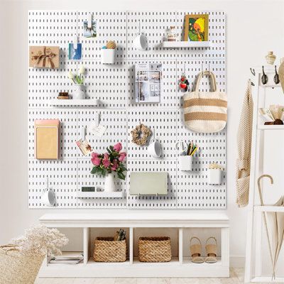 This wall pegboard combo kit is versatile and suitable for many areas of your home. 4 pegboard panels snap together to make 22 x 22 inches. Allows you to store arts and crafts accessories or some other small items, hardware, hand tools and more. | Rebrilliant Healdsburg 22"H x 22"W Pegboard Kit in White | Wayfair | Organization Craft Organization Diy, Bathroom Organization Hacks, Organization Hacks Bedroom, Wand Organizer, Wall File, Pegboard Organization, Pegboard Accessories, Wall Organizer, Black Industrial