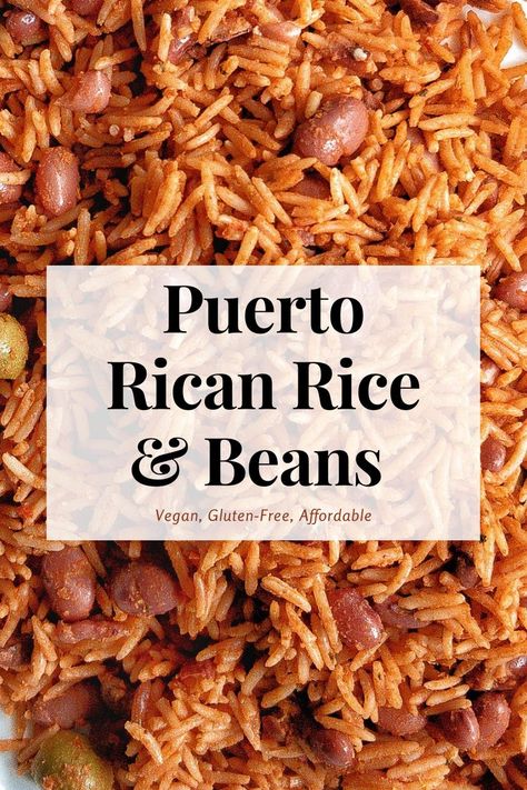 Puerto Rican yellow rice and beans with homemade sofrito, kidney beans, sazon, adobo, and tomato sauce. Made with affordable ingredients and makes as a perfect side dish. #latinfood #cooking #recipe #glutenfree #vegan #vegetarian #boricua #yellowrice #sidedish #pantry #pantryrecipes Rice With Beans Puerto Rican, Recipes With Sofrito Dishes, Puerto Rican Recipes Authentic Chicken And Rice, Spanish Rice With Sazon Goya, Spanish Rice And Beans Puerto Rico, Beans And Rice Puerto Rican, Spanish Red Beans And Rice Recipe, Red Beans And Rice Recipe Puerto Rican, Goya Beans Recipes