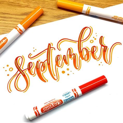 I can’t believe it’s already September when is it gonna not be 5000 degrees and humid af ??? #september #fallvibes #handlettered #handdonetype #handlettering #crayligraphy #crayoligraphy #crayolacalligraphy Crayola Calligraphy, Calendar Themes, Fall Words, Bullet Journal 2019, Pen Calligraphy, Brush Pen Calligraphy, Book Annotation, Brush Calligraphy, Brush Lettering