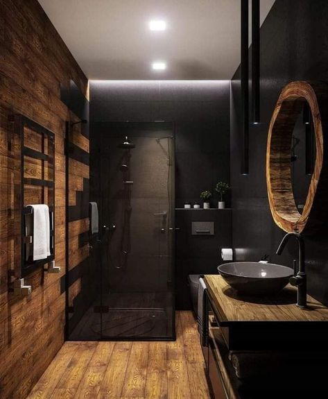 Chalet Modern, Dark Bathrooms, Washroom Design, Bathroom Inspiration Decor, Hus Inspiration, Bathroom Design Luxury, Stylish Bathroom, Industrial House, Bathroom Style