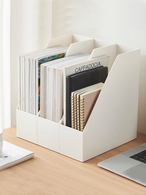 Book Organiser For Desk, White Desk Organizer, Student Desk Storage Ideas, Work Desk Aesthetic Office, Organization For Desk, Desk Organization Aesthetic, Desk Storage Ideas, Dorm Desk Organization, Study Desk Organization