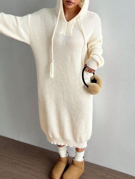 Women's Solid Color Drop Shoulder Long Sleeve Hooded Loose Casual Sweater Dress For Autumn/Winter Apricot Casual  Long Sleeve Knitwear Plain  High Stretch  Women Clothing, size features are:Bust: ,Length: ,Sleeve Length: Casual Sweater Dress, Dress For Autumn, Knitwear Details, Knitted Sweater Dress, Sweater Dress Casual, Faux Fur Sweater, Denim Skirt Outfits, Fur Sweater, Short Cardigan