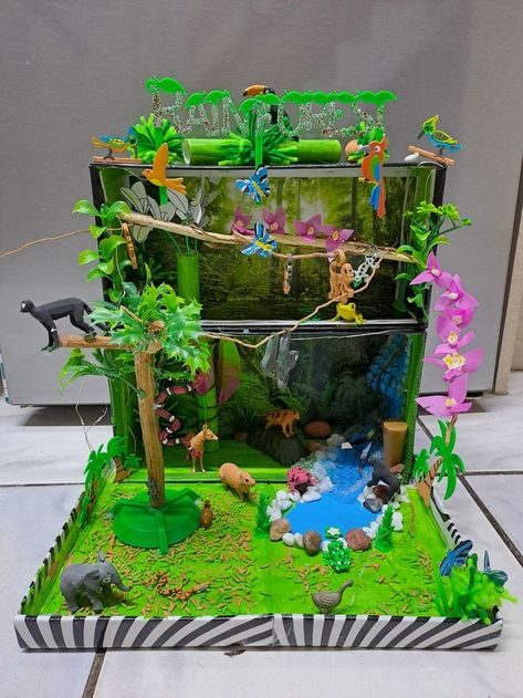 Rainforest diorama for grade 6 project,3d printed animals, crepe paper flowers.... Diy Rainforest Projects, Rainforest Model Projects, Animal Ecosystem Project, 3d Rainforest Project, Shoebox Diarama Ideas, 3d Ecosystem Project, Rainforest Habitat Diorama, Rainforest Ecosystem Project Ideas, Australia Diorama