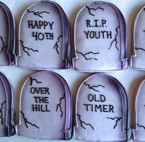 Over the hill tombstones | Flickr - Photo Sharing! Over The Hill Halloween Party, Over The Hill Cupcakes, Over The Hill Cookies Decorated, Over The Hill Cookies, Galletas Halloween, Halloween Deserts, Perfect Halloween Party, Halloween Cookies Decorated, Halloween Sugar Cookies