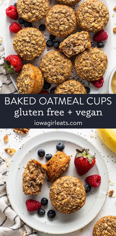 Baked Oatmeal Cups (GF   Vegan Option) Healthy Breakfast Bake, Gf Muffins, Heart Breakfast, I Lost 100 Pounds, Breakfast Baking, Baked Oatmeal Cups, Breakfast Vegan, Perfect Healthy Breakfast, Gluten Free Breakfast