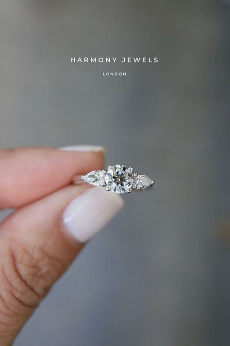 Pear Sidestone Engagement Ring, Rings Engagement Types, Round Diamond Side Stones, Round Diamond Engagement Rings With Side Stones, Engagement Ring Accent Stones, Trilogy Diamond Engagement Ring, Trilogy Engagement Ring Silver, 3 Stone Engagement Rings Silver, Three Stone Wedding Rings