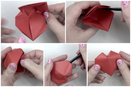 Origami Puffy Heart Instructions Origami 3d Shapes, Origami Heart Instructions, Heart Step By Step, Easy Origami Heart, Holiday Origami, 3d Origami Heart, Craft Heart, Origami Paper Craft, Origami Star Box