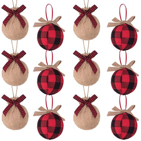 Burlap Christmas Decorations, Burlap Christmas Ornaments, Plaid Ornaments, Farmhouse Christmas Ornaments, Christmas Porch Decor, Burlap Christmas, Buffalo Plaid Christmas, Christmas Porch, Christmas Ball