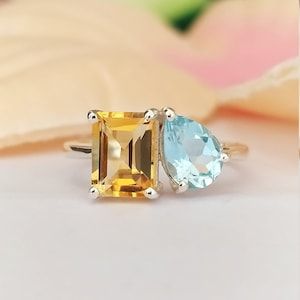 Unique Vintage Ring, Best Birthday Gift, Blue Wedding Ring, Anniversary Gift, Engagement Ring, Multi Stone Ring, Citrine Octagon Cut, Multi Toi-Moi Ring, Topaz and Citrine, Thanks Gift For Her, Two Stone Multi Ring, 
Citrine Topaz Ring, Bestseller Jewelry, 925 Solid Sterling Silver, Natural Swiss Blue Topaz Gemstone, Natural Golden Citrine Gemstone, 8MM X 6MM Octagon And Pear Multi Stone Ring Topaz And Citrine Ring, Yellow And Blue Topaz Ring, Citrine And Aquamarine Ring, Citrine Topaz Ring, Aquamarine And Citrine Ring, Yellow Topaz Ring Designs, November Ring, Yellow Topaz Ring, Yellow Citrine Ring