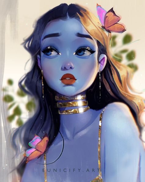 Blue Skin Character, Painting Skin, Skins Characters, Alien Drawings, Blue Skin, Rim Light, Portrait Cartoon, Art Folder, Fantasy Paintings