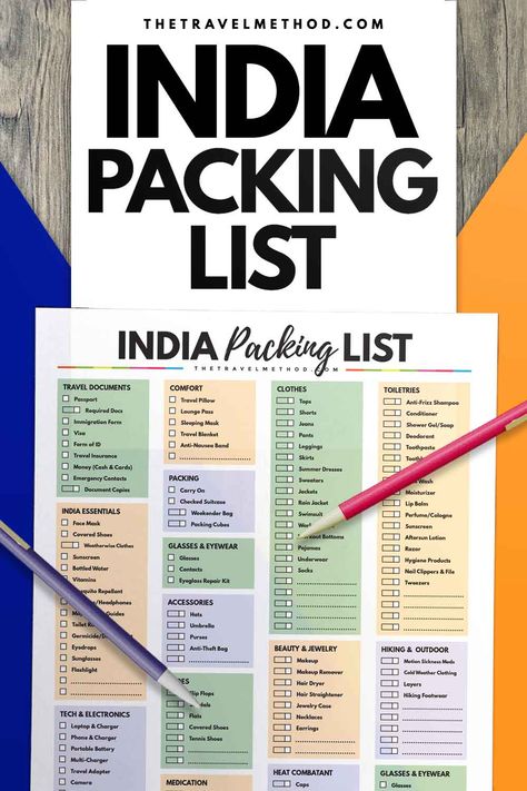 The Ultimate India Packing List (with Tips) You Can Download Today - The Travel Method Travel To India Packing Lists, Packing For India Trip, India Packing List Woman, Traveling To India Tips, Hostel Essentials Packing Lists Indian, India Packing List, India Vacation, Packing List Men, Packing Essentials List