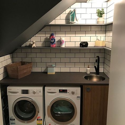 Laundry Room With Stairs, Laundry Room Under Eaves, Under Stairs Laundry Room Storage, Laundry Room Stairs, Small Laundry Room Under Stairs, Laundry Room With Slanted Ceiling, Slanted Ceiling Laundry Room, Laundry Room Under The Stairs, Under Stair Laundry Room