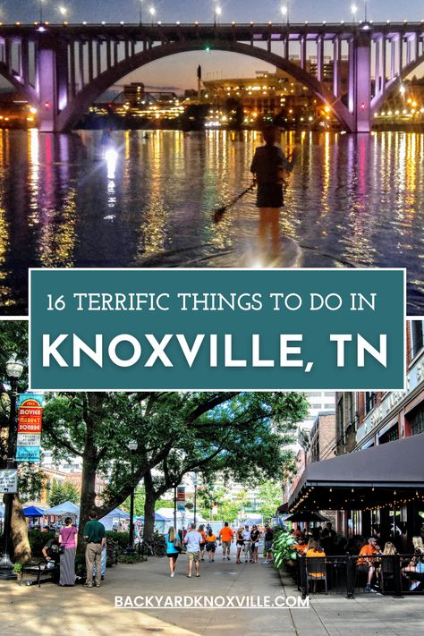 A paddleboarder on the Tennessee River at night with the lights of Henley Street bridge in front of them. The bottom image is of people walking around the pedestrian Market Square with people eating outside restaurants in the background. Things To Do Near Knoxville Tn, Market Square Knoxville Tn, What To Do In Knoxville Tennessee, Downtown Knoxville Tennessee, Things To Do In Knoxville Tennessee, List Of Favorite Things, Tennessee Living, Kid Friendly Resorts, Weekend Getaways For Couples