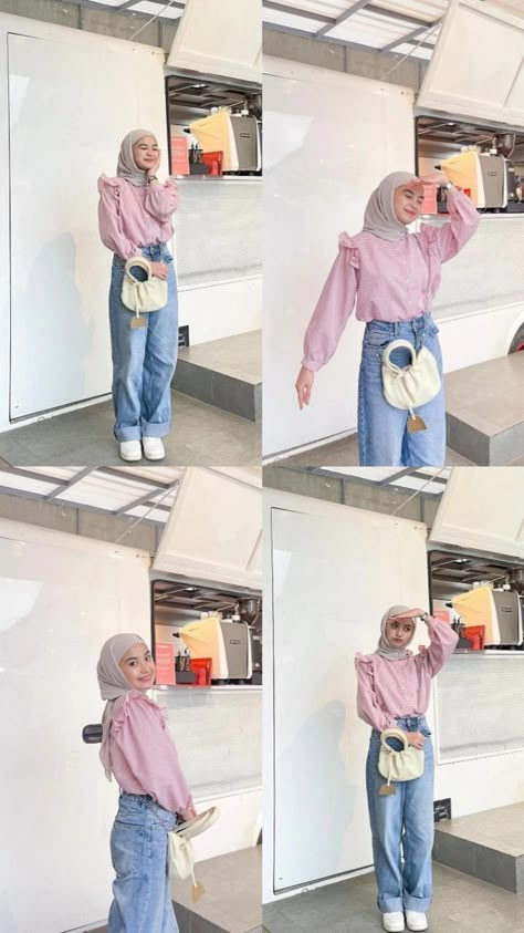 Soft Pink Outfit Hijab, Outfit Ke Dufan, Outfit Pink Hijab Casual, Outfit Jeans Hijab, Cute Hijabi Outfits, Hijab Jeans, Outfit Hijab Casual, Outfit Korean Style, Simple Style Outfits