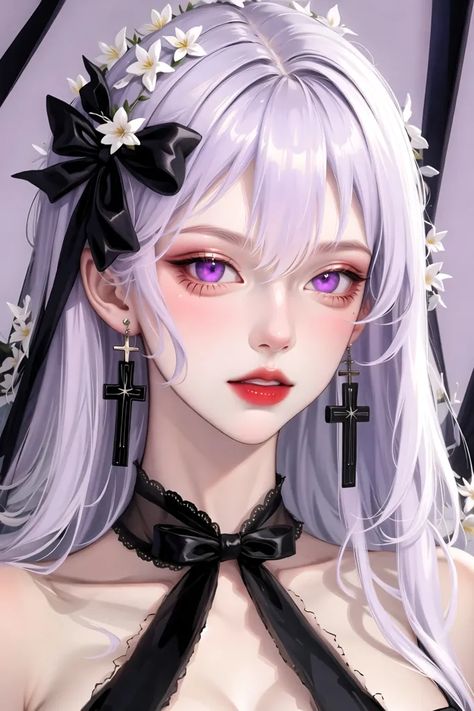 The image is a portrait of a beautiful young woman with long, flowing white hair and purple eyes. She is wearing a black dress with a white collar and a black bow. There are white flowers in her hair and she is wearing a pair of black earrings in the shape of crosses. The background is a light gray color and there is a dark gray shadow on the right side of her face. White Hair Purple Eyes, Woman With White Hair, Flowers In Her Hair, Light Gray Color, Elegant Attire, Girly Drawings, Purple Eyes, Character Ideas, Black Earrings