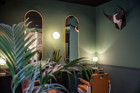 This Designer Barbershop in Nice Looks Like a Hipster’s Hangout Barbershop Design Interior, Tattoo Studio Interior, Barber Shop Interior, Tropical Glam, Barbershop Design, Green Interior Design, Barber Shop Decor, Hair Salon Decor, Loft Studio