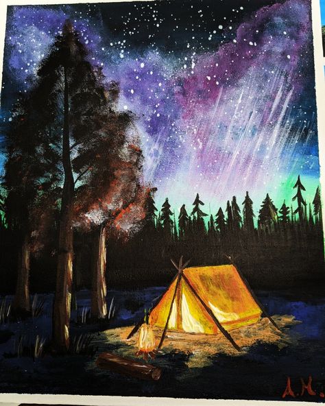 Camping Painting Ideas On Canvas, Camping Painting Canvases, Campfire Painting Acrylic, Camping Painting Ideas, Camping Painting Easy, Campsite Painting, Fantasy Painting Easy, Camping Paintings, Cool Acrylic Paintings