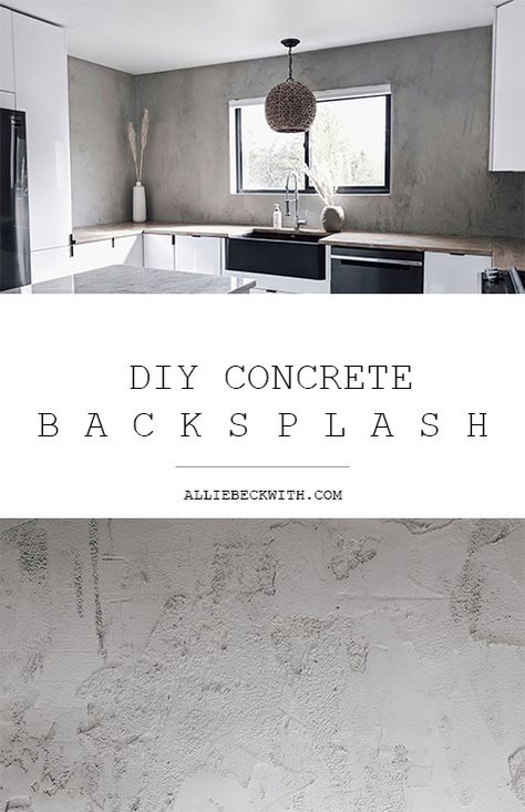 Had so much fun doing this DIY concrete backsplash! Such a great addition to my minimalist interior style. Concrete Countertop Backsplash, Concrete Countertop And Backsplash, Concrete Walls Interior Basements, Bathroom Concrete Wall, Concrete Style Wall, Concrete Kitchen Wall, Concrete Wall Ideas Interior, Textured Hallway Walls, Faux Concrete Backsplash