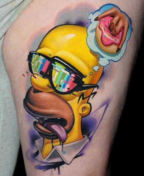 35 Mind-Blowing Tattoos The Simpsons Tattoo Ideas, New School Tattoo Cartoon, Tattoo Cartoon Style, Robot Tattoos, Tattoo Portfolio Ideas, New School Tattoo Designs, Tattoo New School, Donut Tattoo, Cartoons Tattoo