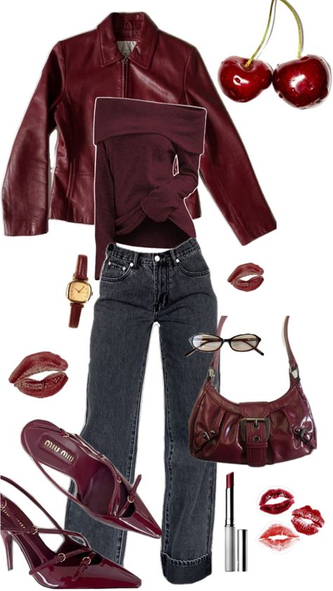 #cherry #ootd #recreateme #red #aesthetic #outfitinspo #inspiration #darkred #leatherjacket Cherry Inspired Outfit, Quick Outfits, Modieuze Outfits, Swaggy Outfits, Mode Inspo, Really Cute Outfits, Red Aesthetic, Outfit Inspo Fall, Casual Style Outfits