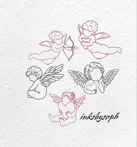 Cupid Matching Tattoo, Tattoo Ideas Cupid, Small Cherub Tattoos For Women, By The Ear Tattoo, Cherub Flash Tattoo, Cherub Holding Heart Tattoo, Minimalistic Angel Tattoo, Simple Cherub Tattoo, Angel Fine Line Tattoo