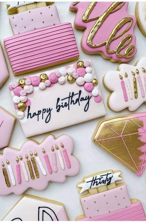 Pink And Purple Cookies Decorated, Glam Cookies Decorated, Pink And Gold Royal Icing Cookies, Cookies For Birthday Woman, Pink Cookies Decorated Birthday, Birthday Cookies Royal Icing Women, Birthday Cake Cookies Royal Icing, Decorated Birthday Cookies For Women, Girly Birthday Cookies