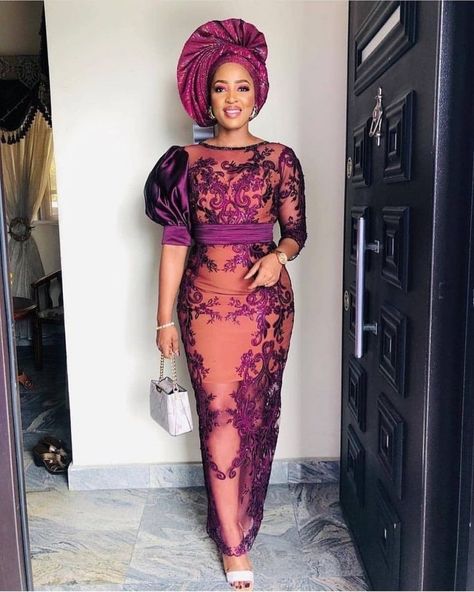 Simple Straight Gown With Belted Waist Latest Lace Styles, Nigerian Lace Dress, Nigerian Dress Styles, Aso Ebi Lace Styles, Nigerian Dress, Nigerian Lace Styles, African Lace Styles, Long Gowns, Lace Gown Styles