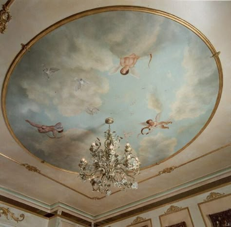 Baroque Ceiling Painting, Painted Ceiling Mural, Ceiling Stencil, Mural Ceiling, Fan Ideas, Ceiling Mural, Painted Ceilings, Baroque Period, Sky Ceiling