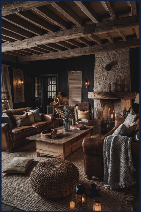 Cozy rustic living room with leather sofas, a wooden coffee table, stone fireplace, and warm ambient lighting. Dark Moody Cabin Interior, Dark Rustic Aesthetic, Moody Cabin Living Room, Rustic Organic Home Decor, Moody Rustic Living Room, Dark Rustic Living Room, Moody Cabin, Rustic Cabin Interior, Dark Wood Living Room